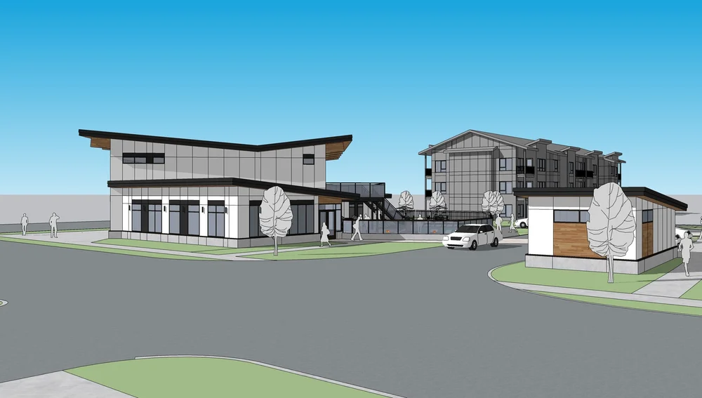 Early concept of the community clubhouse, with residential buildings behind.