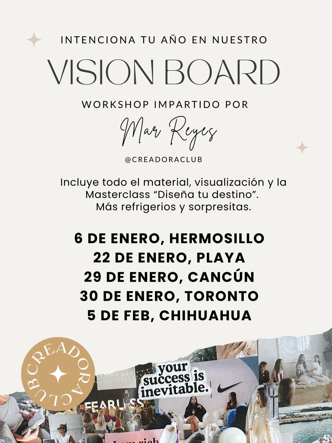 Prep&aacute;rate para vivir un a&ntilde;o transformador gracias a las herramientas que recibir&aacute;s para alinear tu mentalidad y energ&iacute;a con la realidad que deseas.

Ven a nuestro taller de Vision board y Manifestaci&oacute;n guiado por Ma