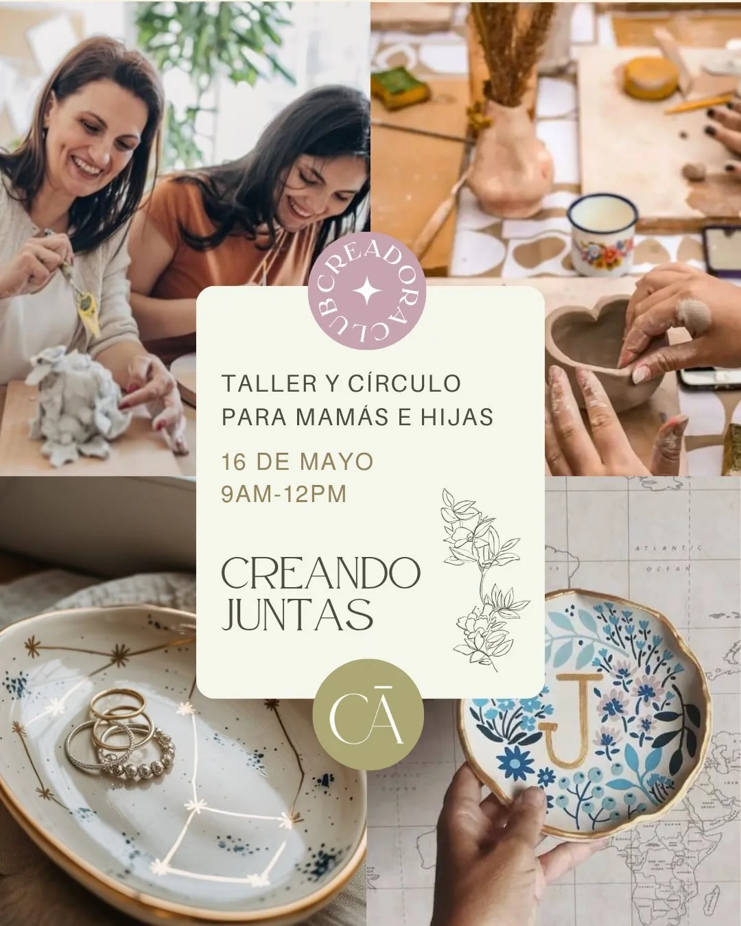 No se pierdan esto! Va estar hermoso!🫰✨

CREANDO JUNTAS: Una ma&ntilde;ana dise&ntilde;ada para Mam&aacute;s e Hijas de todas las edades.

Incluye c&iacute;rculo, taller y materiales.
S&aacute;bado 16 de Mayo 9am-12:30pm
Lugar: @casaamamx 
Canc&uacu