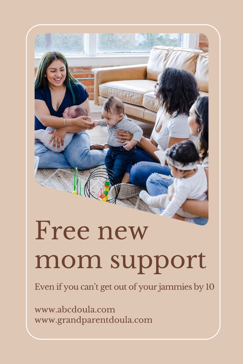 Image of 3 new moms and their babies in a semi circle with toys in a living room in Portland, OR.