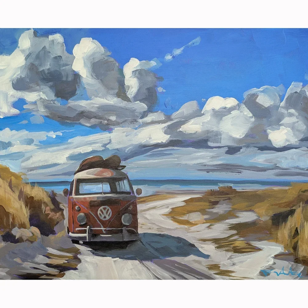 Red Bus on a Beach with Clouds 20×16.webp
