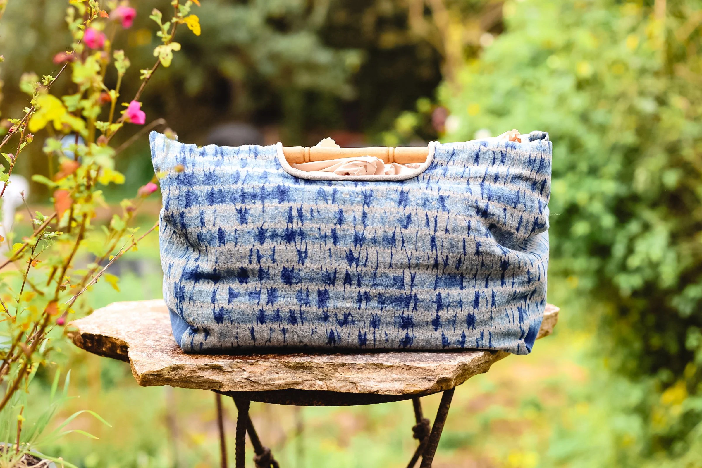 Indigo Arashi Shibori Fabric with Wooden Handles — Wilde-Works