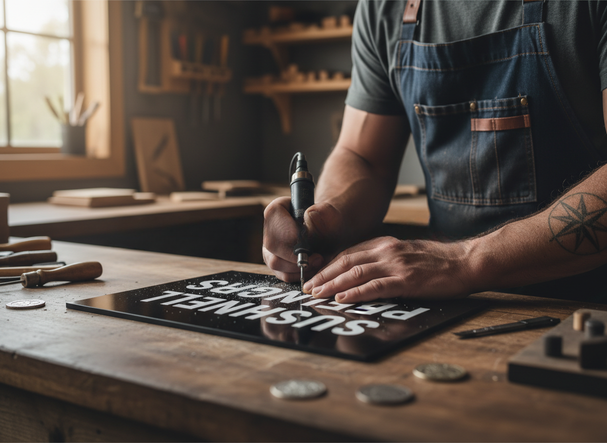 Person engraving a sign on a workbench in a workshop.