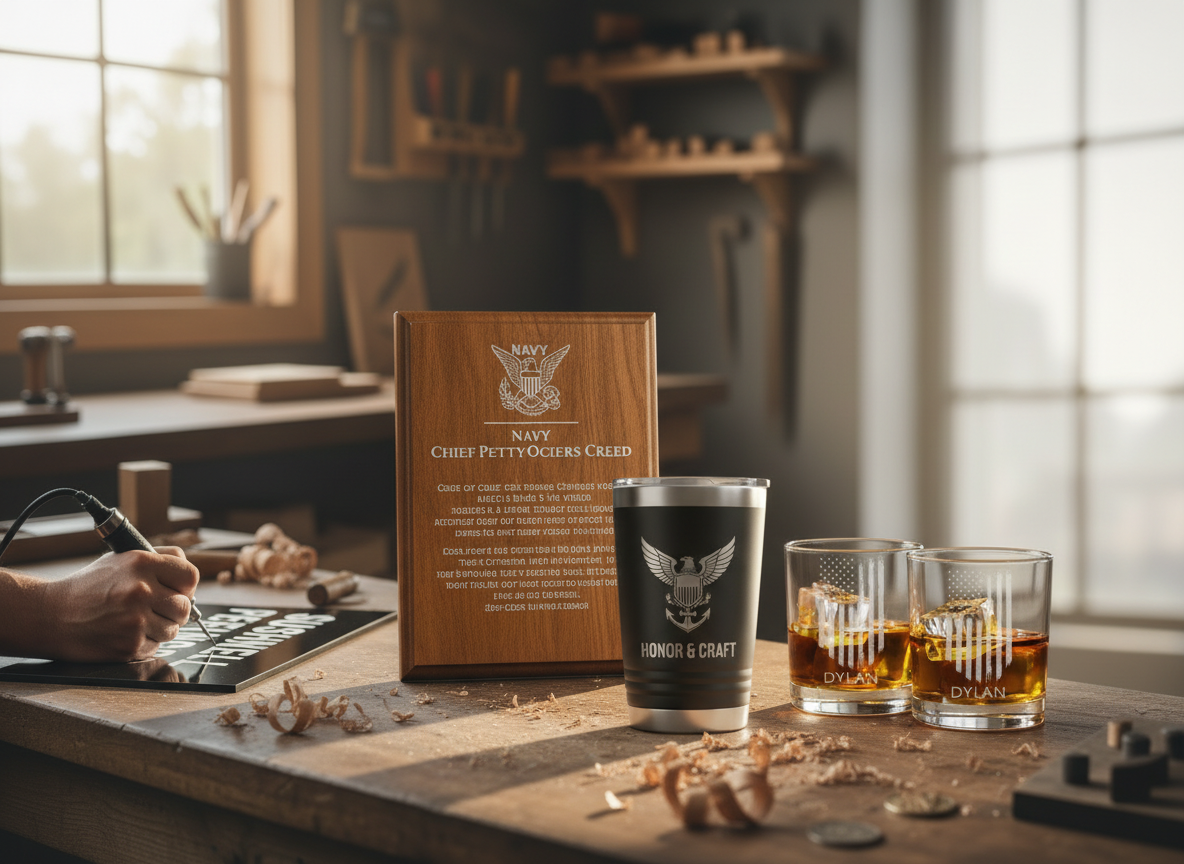 A woodworking workspace with a finished piece that has a Navy emblem and the words 'Chief Petty Officers Creed,' a black cup with a Navy emblem and the words 'Honor & Craft,' and two glasses of whiskey with ice and the name 'Dylan' on each glass, on a wooden table with wood shavings and coins.
