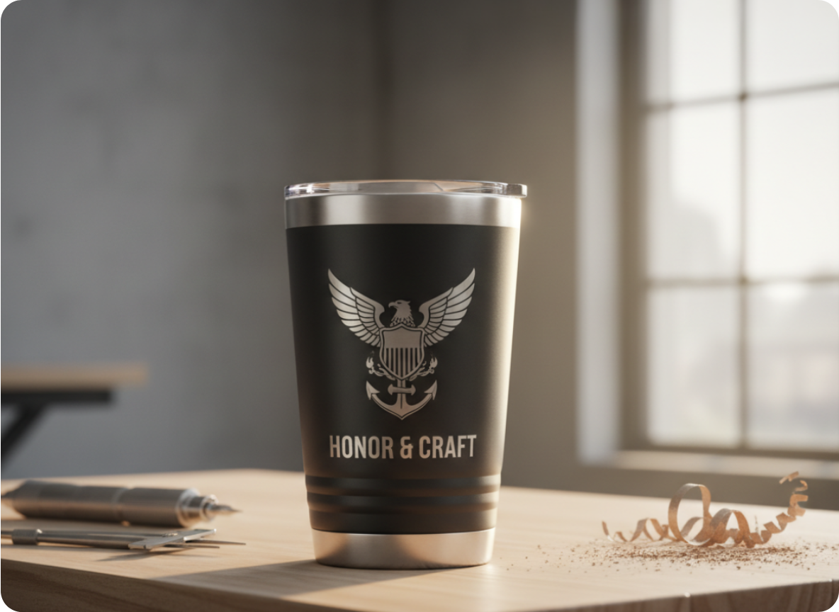 A black travel tumbler with a silver eagle logo and the words "HONOR & CRAFT" written underneath, placed on a wooden table with pens and a curled paper ribbon nearby, in front of a window with sunlight streaming in.
