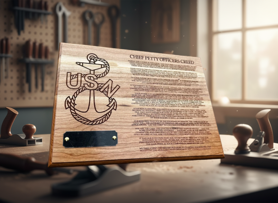 A wooden plaque with engraved text titled 'Chief Petty Officers Creed' and a large engraved U.S. Navy emblem featuring an anchor and a rope.