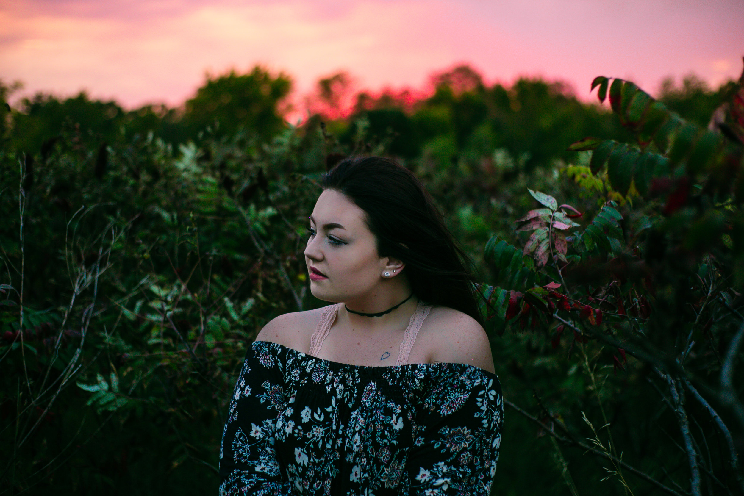 High school senior class of 2018 poses in front of pink sunset at Willow River State Park