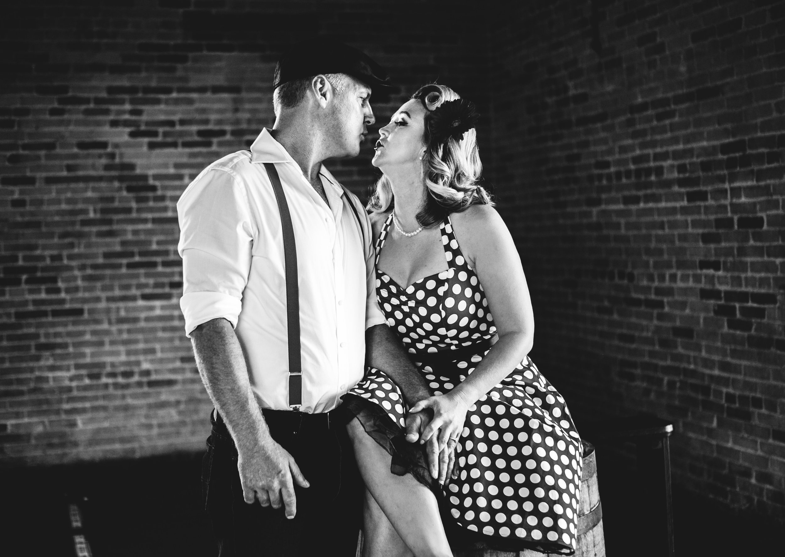 A couple during a Stillwater MN engagement shoot in vintage clothes black and white