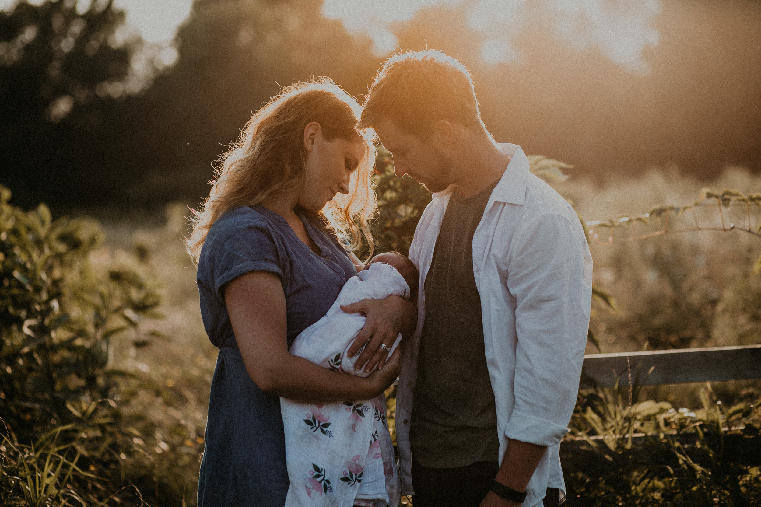 Parents holding baby girl in field at sunset during golden hour in River Falls Wisconsin field of flowers