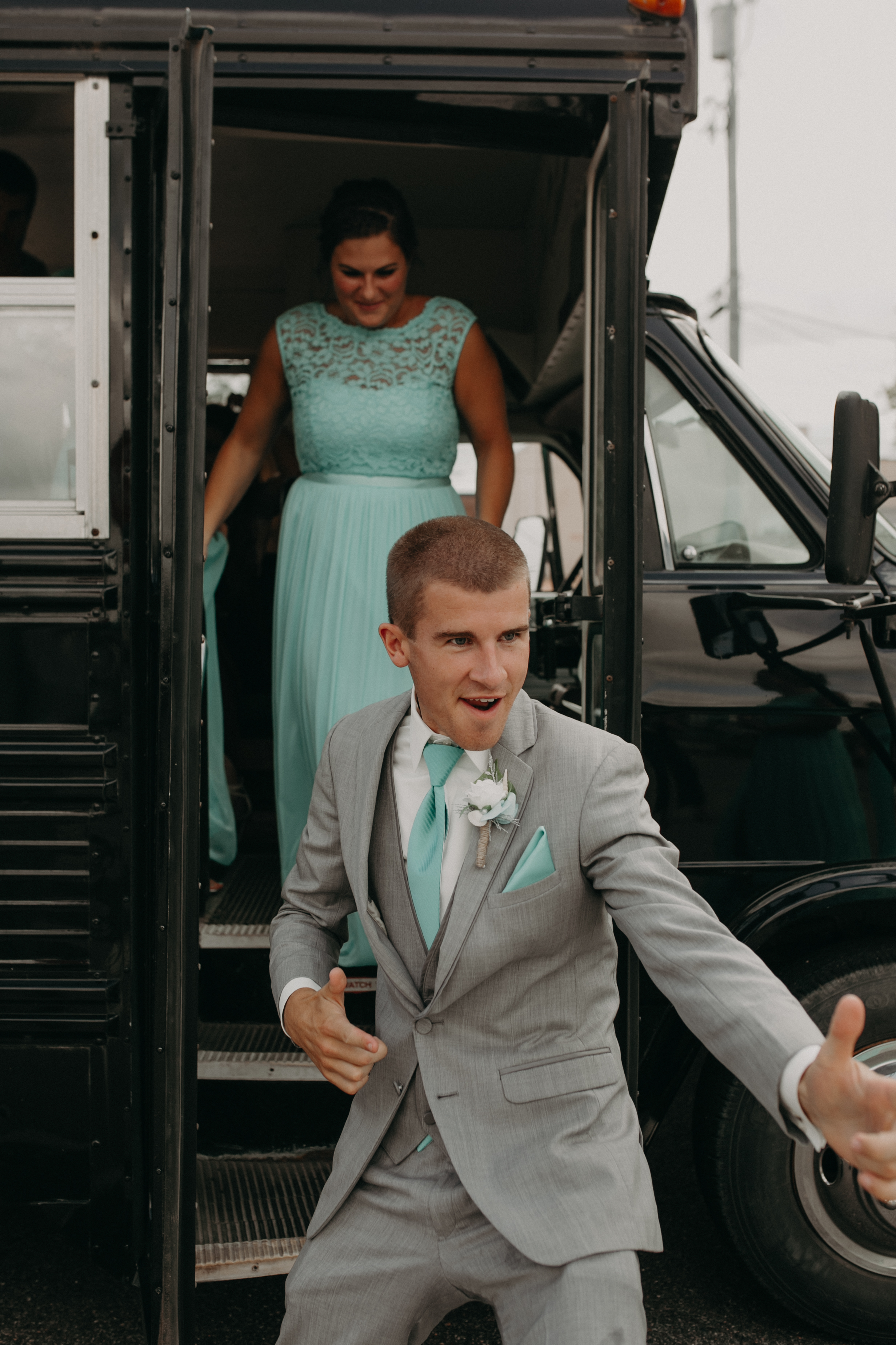 Chili Corners party bus in Marshfield WI as wedding party comes off and is dancing