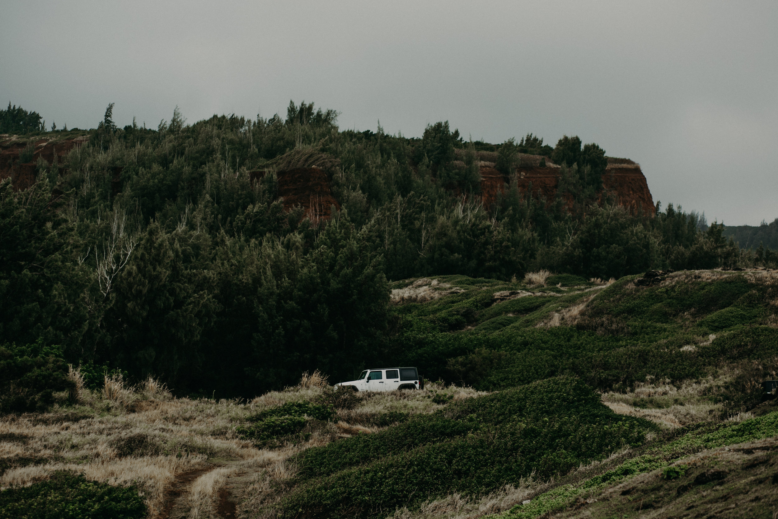 a white jeep parked on cliffs of western Maui Hawaii in iconic photo by Andrea Wagner Photography