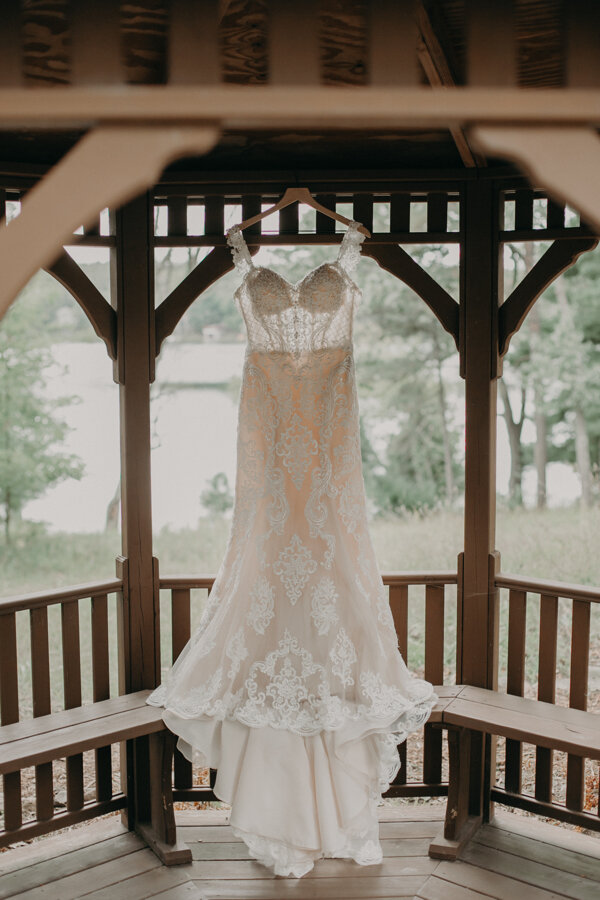 beautiful bride dress shot at Pine Lake Camp in Waupaca WI