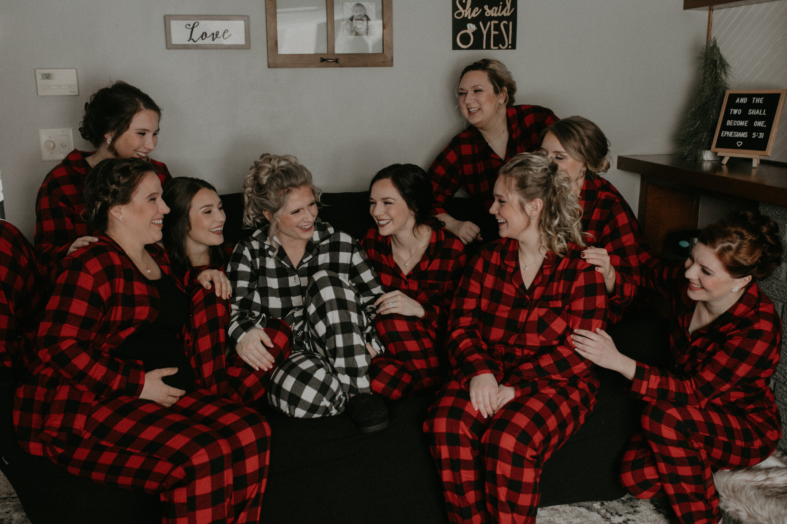  Andrea Wanger Photography cozy winter Wisconsin wedding. Perfect Wisconsin wedding in February. Winter wedding bride with bridesmaids in flannel pajamas. 