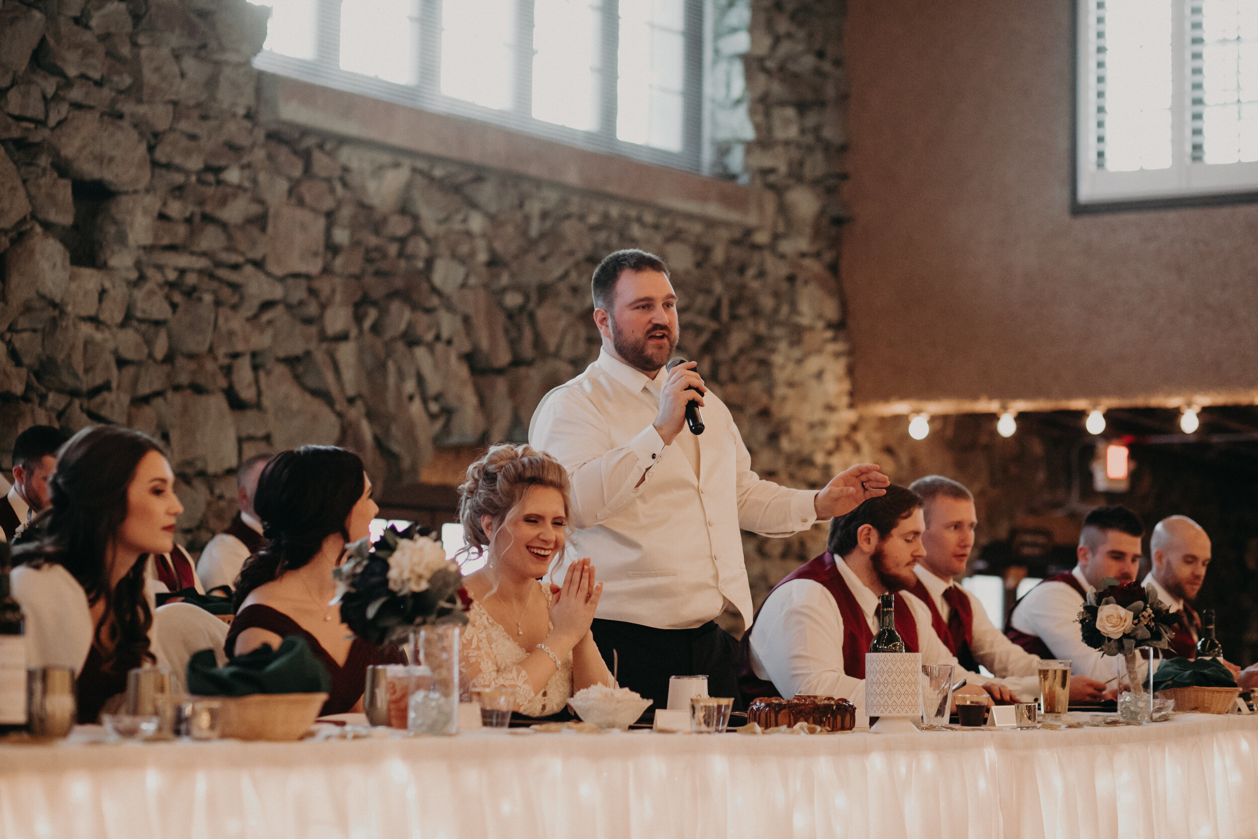  Andrea Wanger Photography cozy winter Wisconsin wedding. Perfect Wisconsin wedding in February. Elegant winter wedding. Reception dinner speeches. 