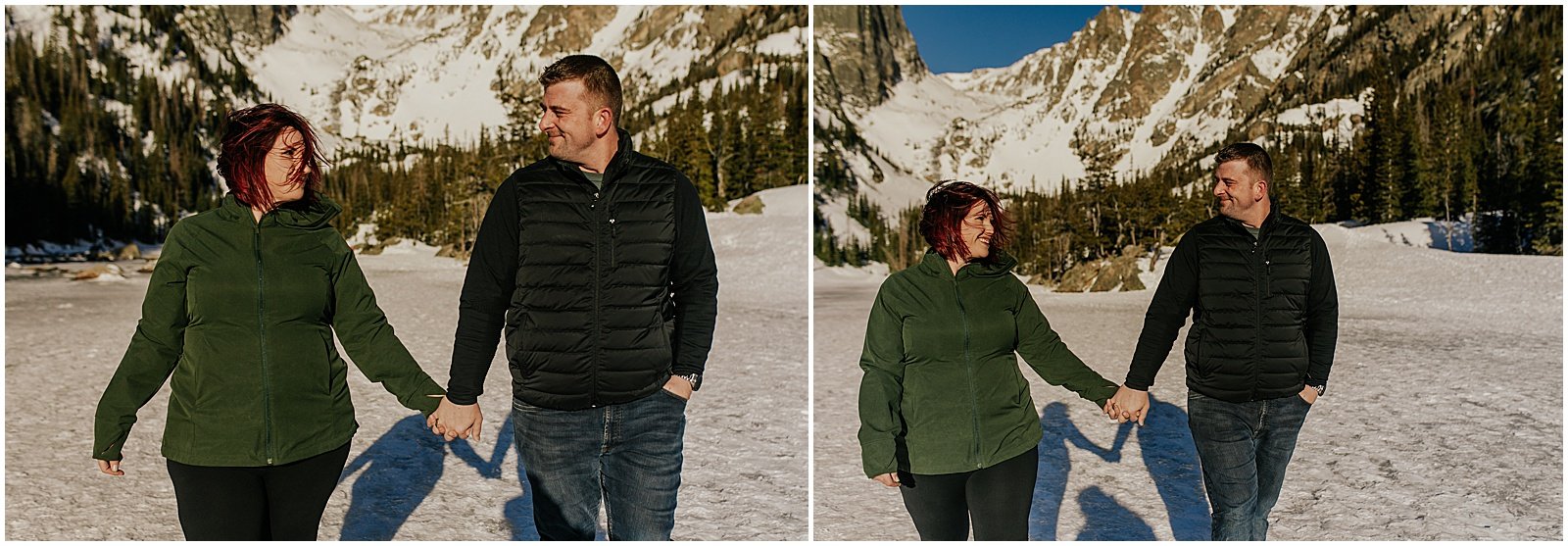 Mountain engagement photos at Dream Lake in Rocky Mountain national park Colorado 