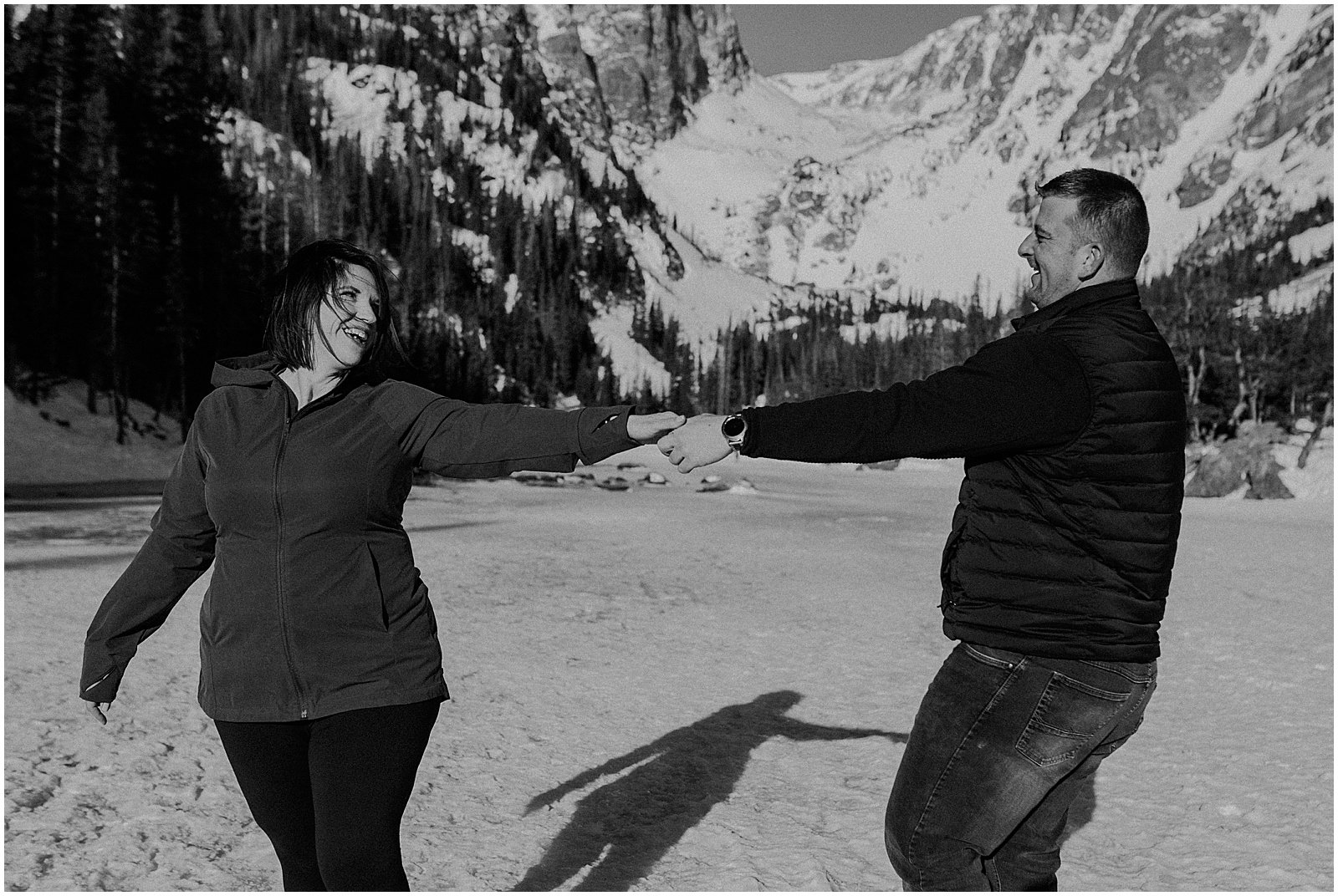 Mountain engagement photos at Dream Lake in Rocky Mountain national park Colorado 