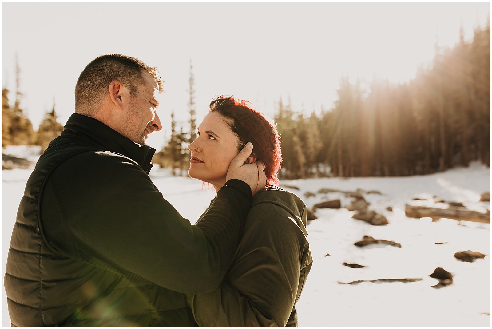 Mountain engagement photos at Dream Lake in Rocky Mountain national park Colorado 