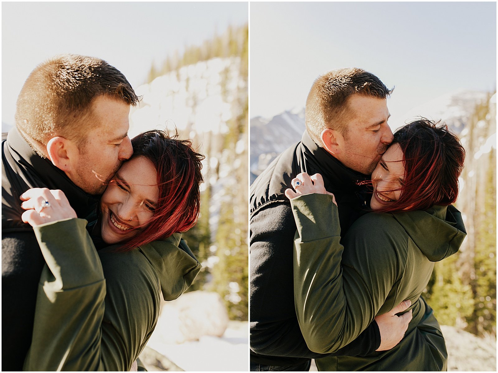 Mountain engagement photos at Dream Lake in Rocky Mountain national park Colorado 