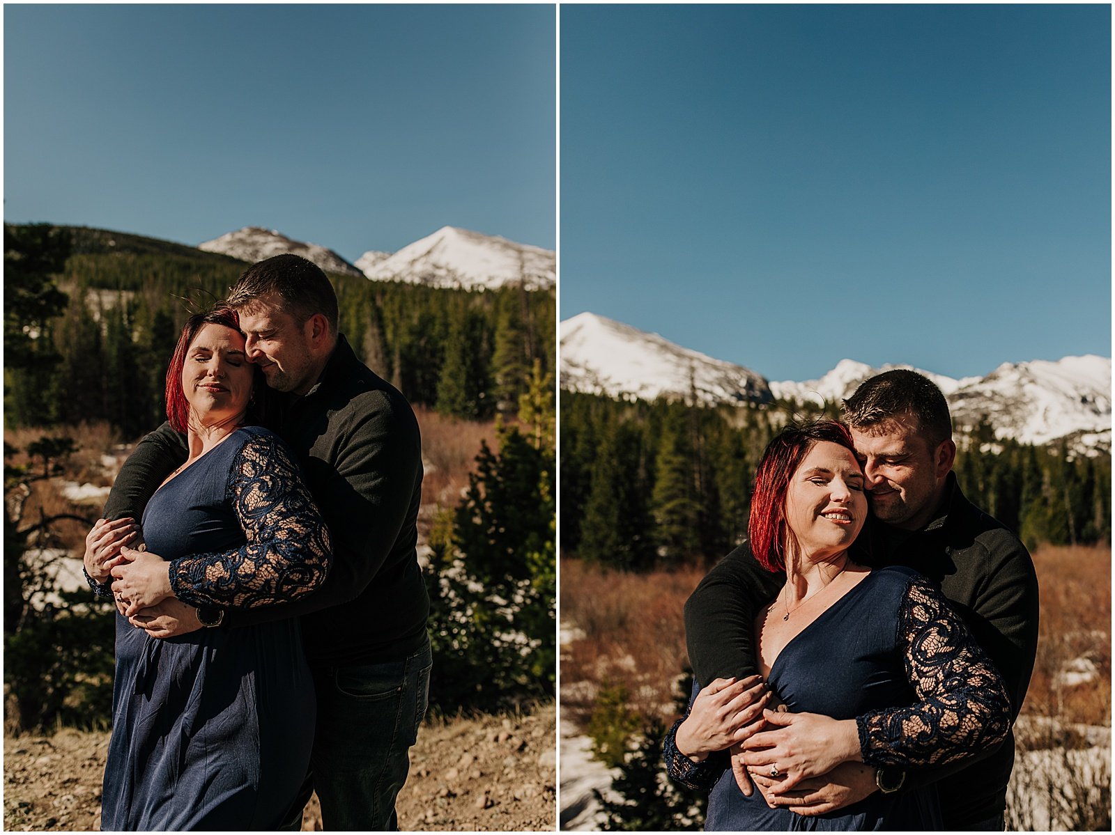 Mountain engagement photos at Dream Lake in Rocky Mountain national park Colorado 
