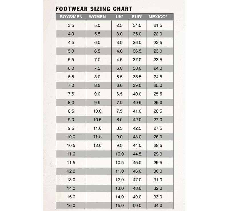 vans infant shoe size chart