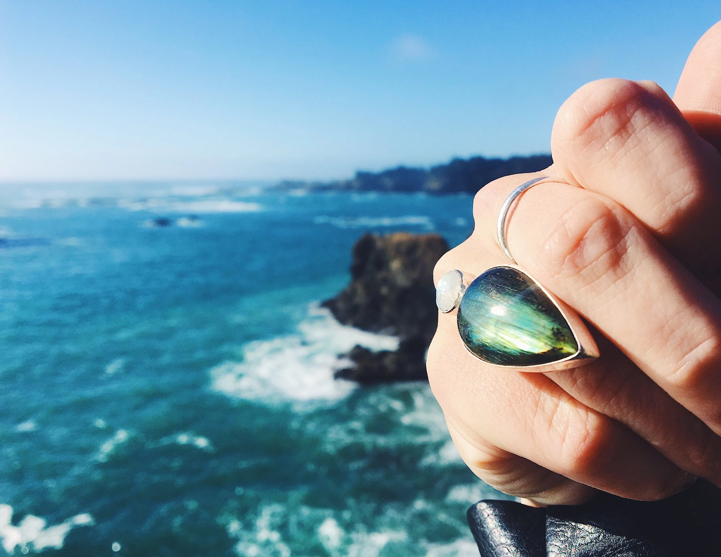 Green Labradorite/Rainbow Moonstone Ring