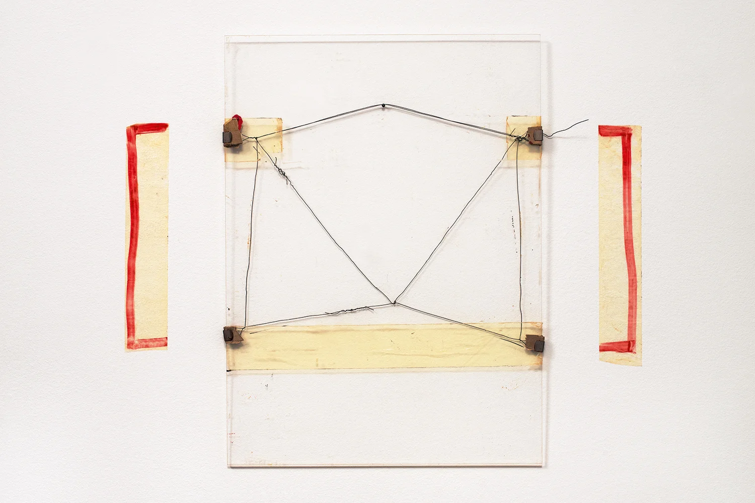 Nahum Tevet, Untitled #15, 1974. Cardboard, metal clips, wire, and transparent tape on Plexiglas, marker on transparent tape, Plexiglas: 19 3/4 x 14 3/4 x 7/16 in. (50.2 x 37.5 x 1.1 cm), Installed: 19 3/4 x 23 5/8 x 7/16 in (50.2 x 60 x 1.1 cm). Collection of the artist. Photo by Polite Photographic, courtesy of the Hunter College Art Galleries.