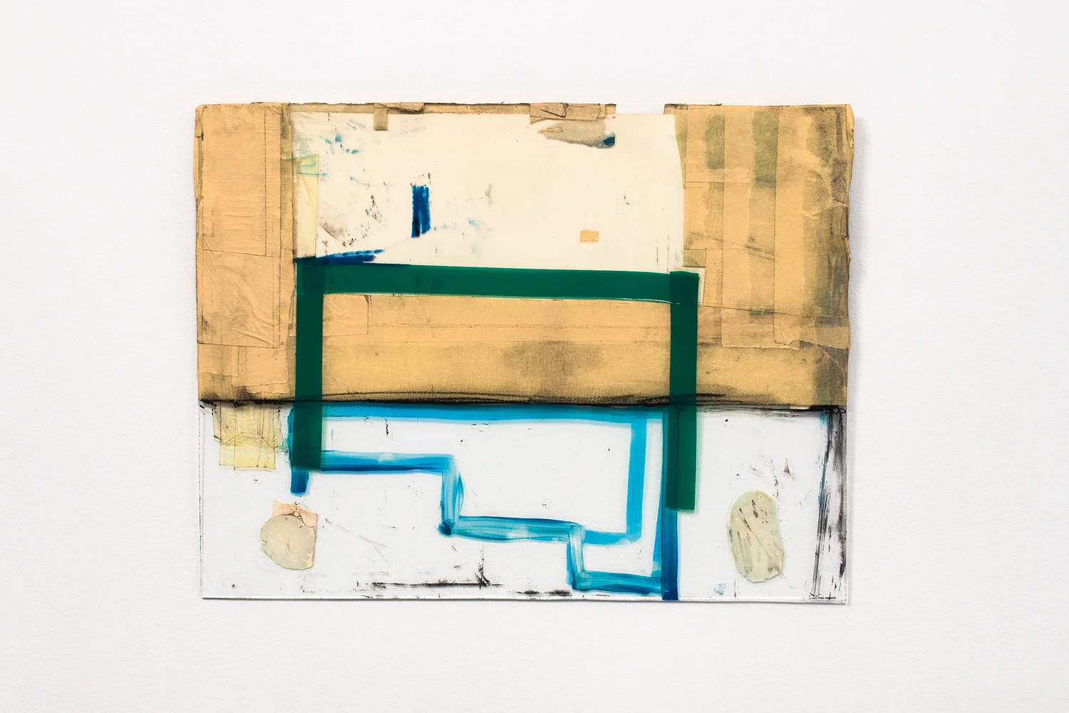 Nahum Tevet, Untitled #8, 1973. Cardboard, white glue, masking tape, plastic tape, transparent tape, and marker on glass, 12 3/4 x 16 5/8 x 7/16 in. (32.4 x 42.2 x 1.1 cm). Collection of the artist. Photo by Polite Photographic, courtesy of the Hunter College Art Galleries and the artist.