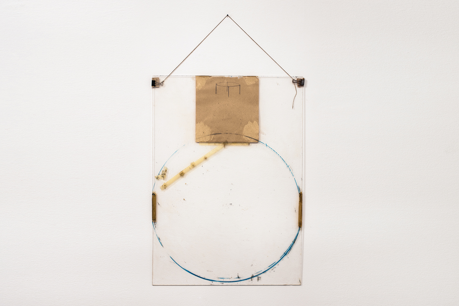  Nahum Tevet, Untitled #30, 1975. Paper, binder clips, twine, transparent tape, masking tape, pencil, marker, and wax pencil on Plexiglas, Plexiglas: 27 3/4 x 20 x 7/16 in. (70.49 x 50.8 x 1.1 cm), Installed: 35 5/8 x 20 x 7/16 in. (90.5 x 50.8 x 1.1