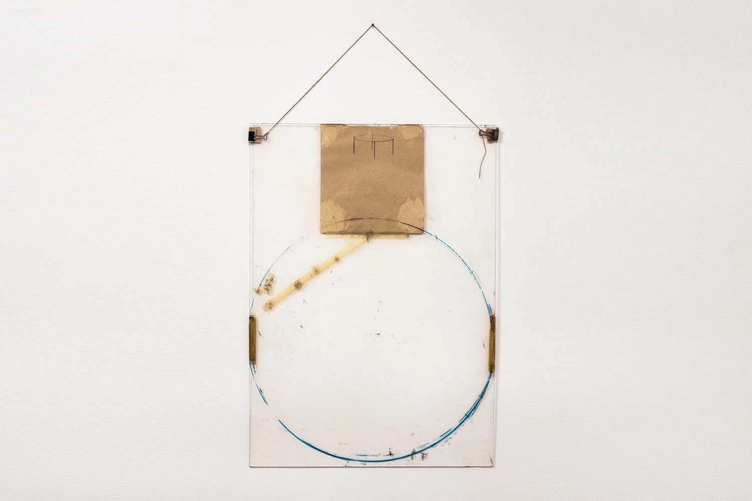 Nahum Tevet, Untitled #30, 1975. Paper, binder clips, twine, transparent tape, masking tape, pencil, marker, and wax pencil on Plexiglas, Plexiglas: 27 3/4 x 20 x 7/16 in. (70.49 x 50.8 x 1.1 cm), Installed: 35 5/8 x 20 x 7/16 in. (90.5 x 50.8 x 1.1 cm). Collection of the artist. Photo by Polite Photographic, courtesy of the Hunter College Art Galleries and the artist.
