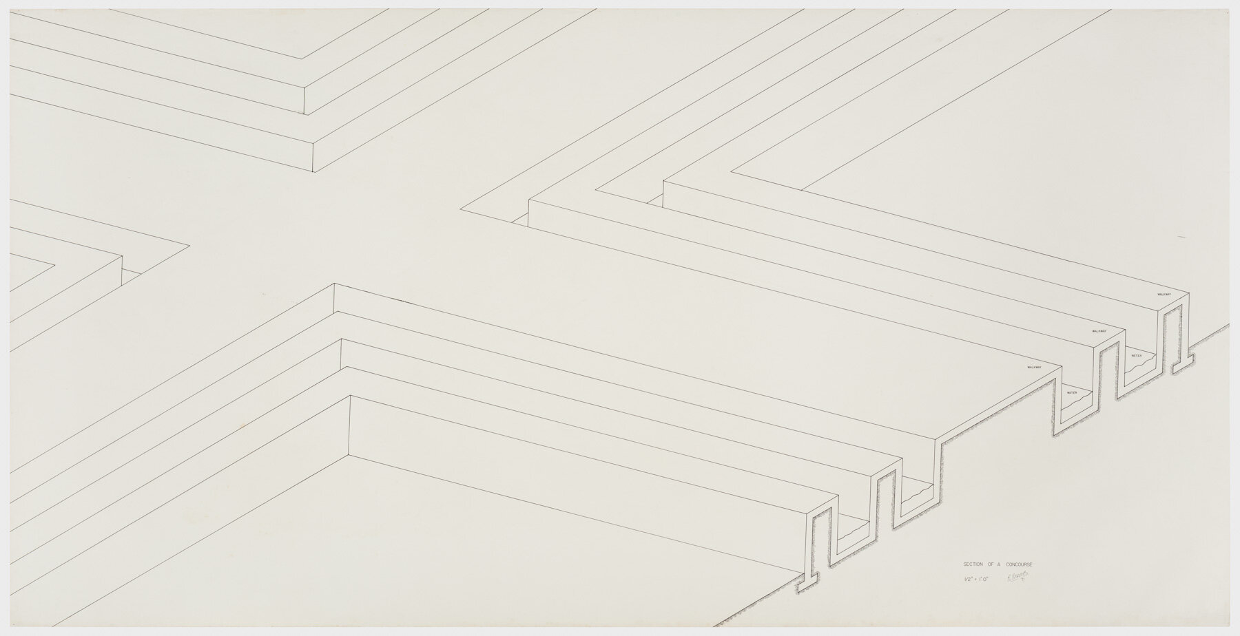  Robert Morris. Section of a Concourse, 1971. Ink on paper, 42 x 83 in. (107 x 211 cm). Estate of Robert Morris, courtesy Castelli Gallery, New York. © 2019 The Estate of Robert Morris / Artists Rights Society (ARS), New York. Photo: Stan Narten 