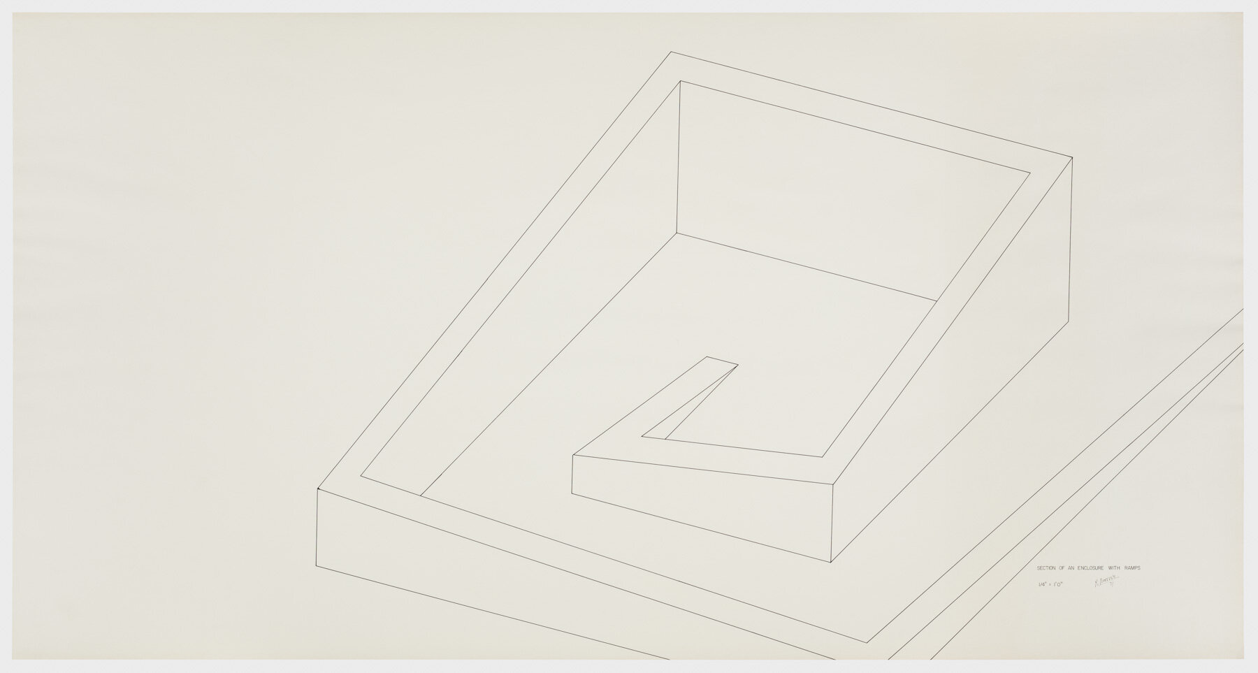  Robert Morris. Section of an Enclosure with Ramps, 1971. Ink on paper, 42 ¼x 80 ½in. (107 x 204 cm). Estate of Robert Morris, courtesy Castelli Gallery, New York. © 2019 The Estate of Robert Morris / Artists Rights Society (ARS), New York. Photo: St