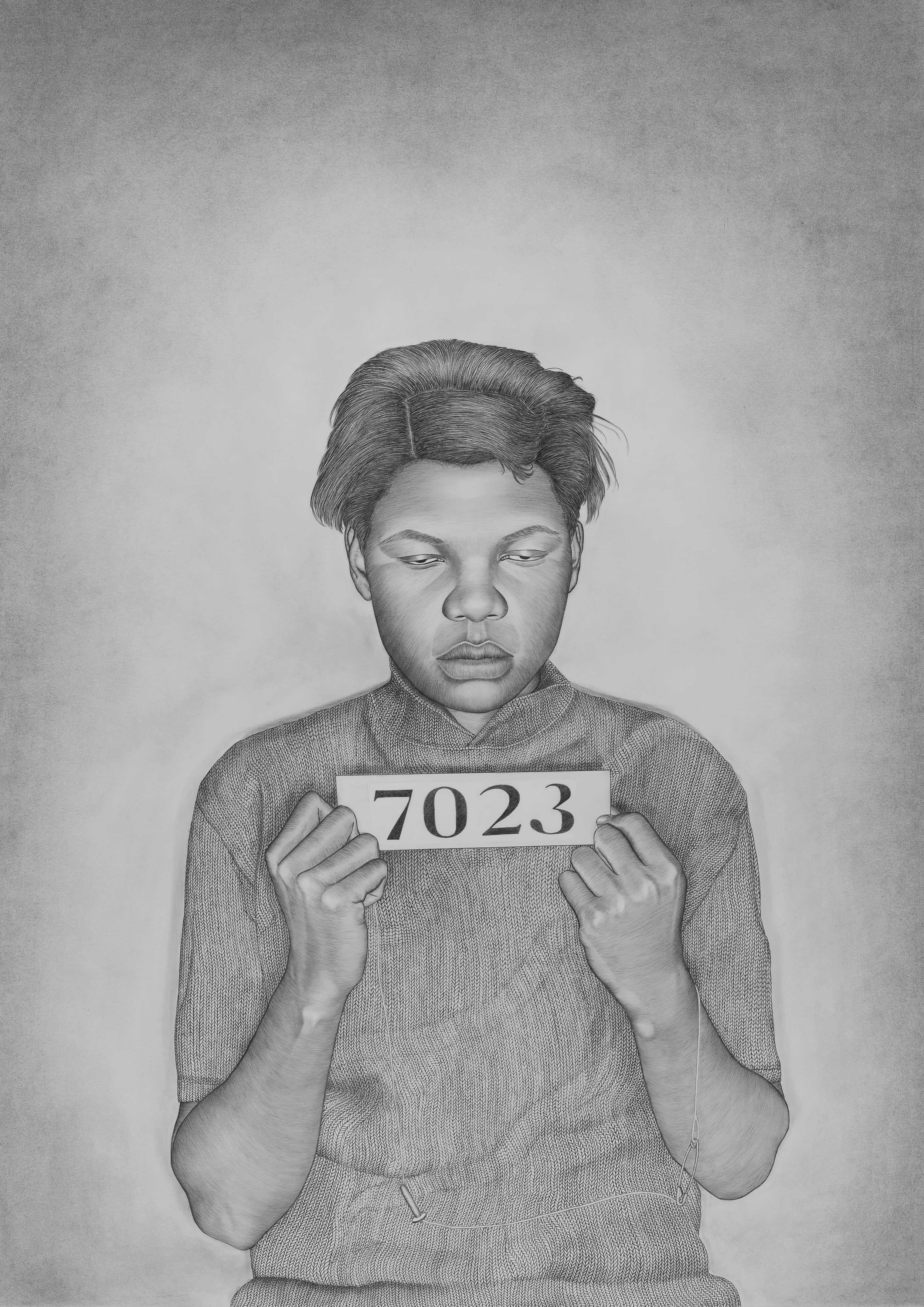  Lava Thomas.  Mugshot Portraits: Women of the Montgomery Bus Boycott, Addie J. Hamerter , 2018. Graphite and Conté pencil on paper, 47 x 33 ¼ inches. Courtesy of Rena Bransten Gallery, San Francisco. Image courtesy of the artist and Rena Bransten G