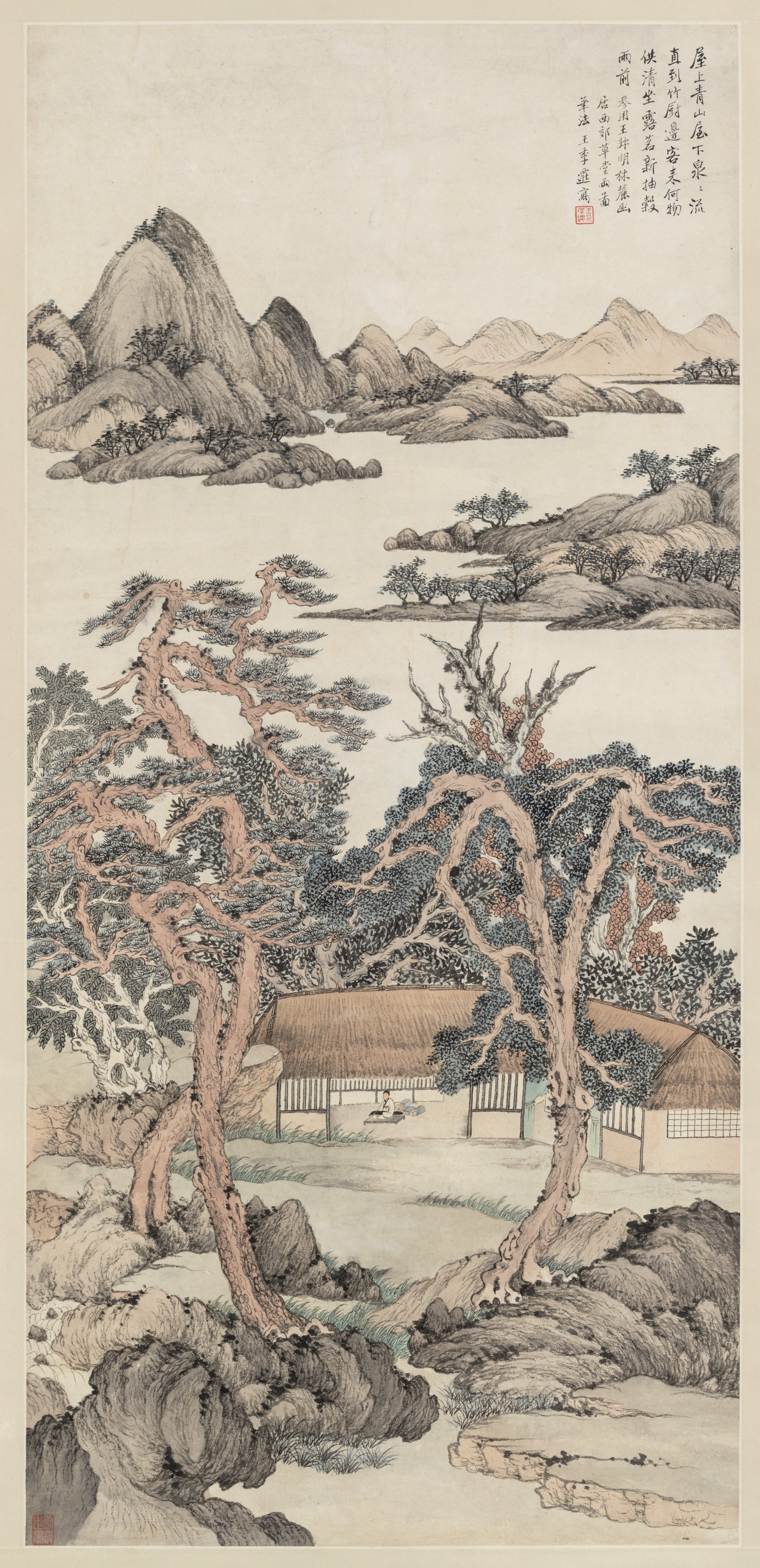  C. C. Wang,  Landscape After Wang Meng , ca. 1940s. Hanging scroll, ink and color on paper, 42 x 19 ⅝ inches (106.7 x 49.8 cm). Collection of Mr. and Mrs. Arnold Chang. Image copyright the Estate of C.C. Wang. Photo: Stan Narten. 