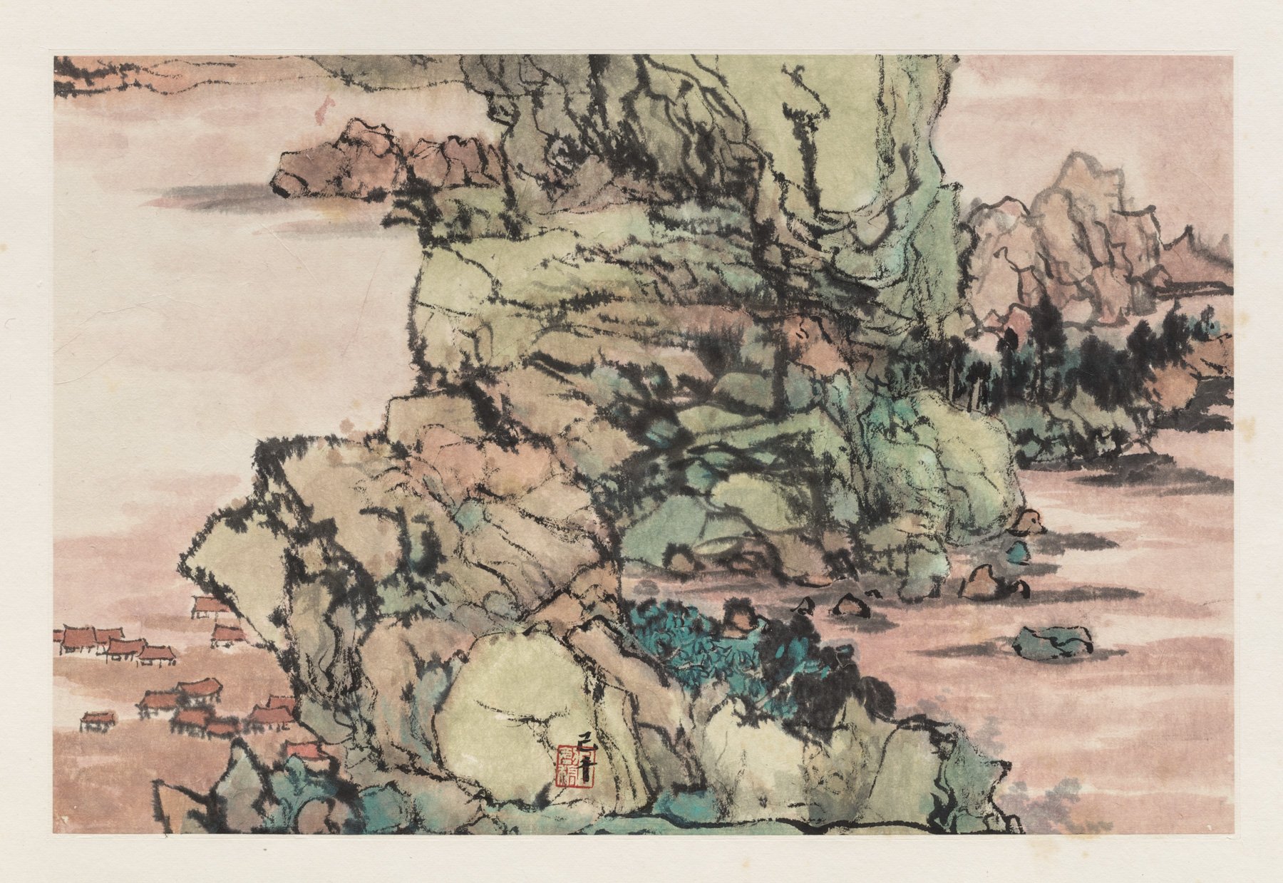  C. C. Wang, Leaf from  Splendid Views of Rivers and Mountains , 1995–2001. Album in 19 parts, 16 painted leaves and 3 colophons; ink and color on paper, approximately 12 × 18 ½ inches each (30.5 x 47 cm). Collection of Pao Yung Chao. Image copyright