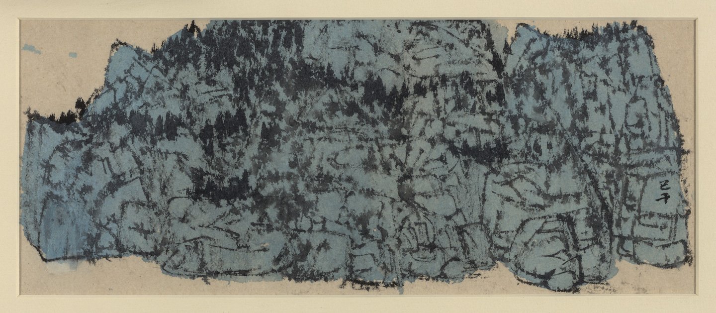  C. C. Wang, no title (Blue Forest), undated. Ink and color on paper, 5 ¾ x 13 ¾ in inches (14.6 × 34.9 cm). Private Collection, New York and Fu Qiumeng Fine Art, New York. Image copyright the Estate of C.C. Wang. Photo: Stan Narten. 