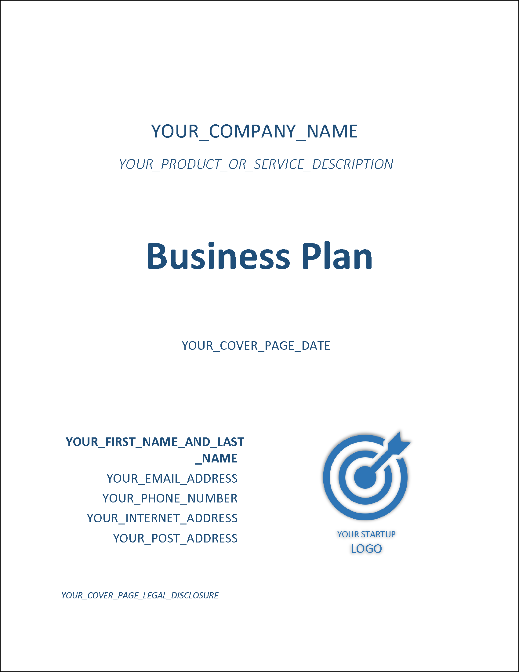 business plan front page format