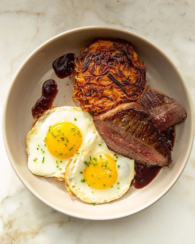 Steak &amp; Eggs with Sweet Potato Rosti and a red wine reduction. Perfect for those breakfast during dinner vibes ✨🍳🥩 #verstileplates #strategicdinner #breakfastfordinner