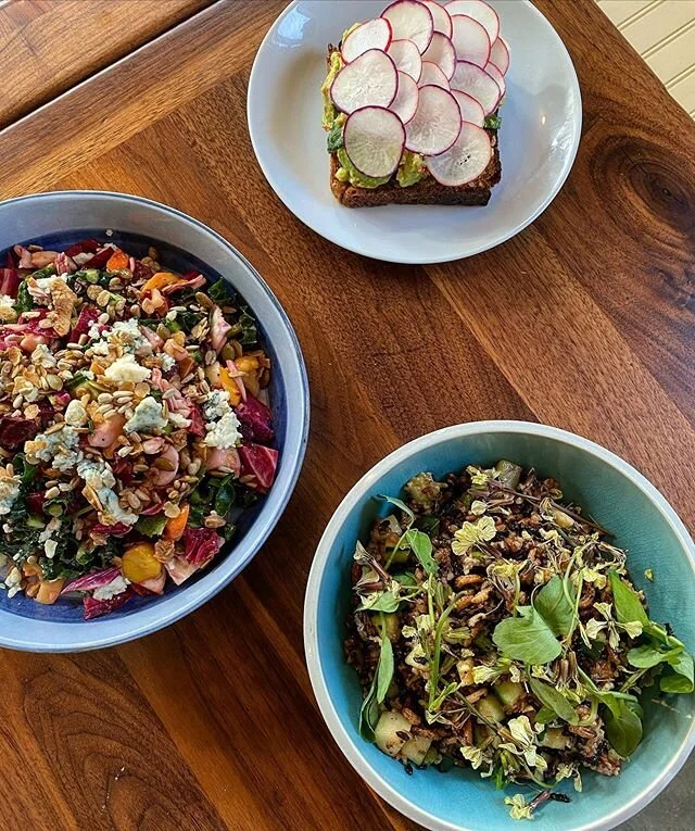 Highlights from our new menu (available for pick-up and delivery): Avocado 7 Grain Toast with Radish &amp; Chili-Herb Yogurt, Crispy Grains &amp; Wild Rice Bowl with Scrambled Eggs &amp; Cucumber, Chopped Salad with Kale, Savory Granola, Veggies &amp