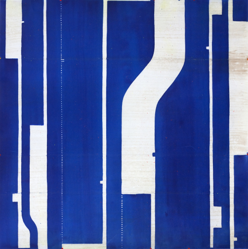 Caio Fonseca Ultra Mar , 2014 color aquatinti and spitbite aquatint etching with chine colle and string 37 1/2 x 37 in.