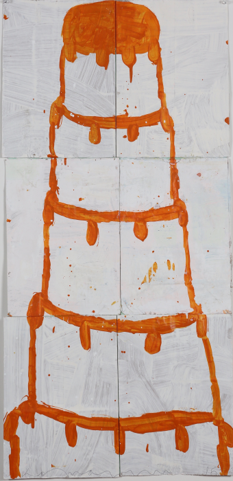 Gary Komarin Cake Stacked: Orange on White , 2015 water-based enamel paint on paper stacks 50 x 23 1/2 in.
