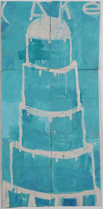Gary Komarin Cake Stacked: White on Turquoise , 2015 water-based enamel paint on paper stacks 50 x 23 1/2 in.