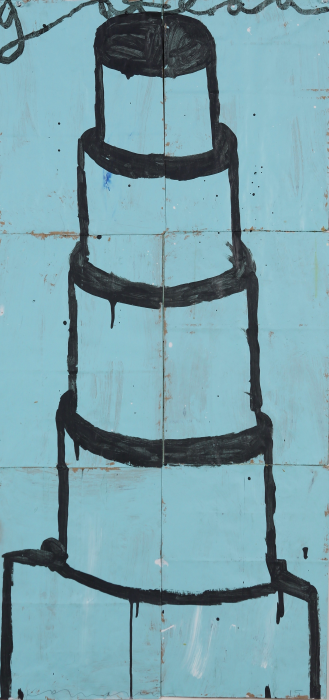 Gary Komarin Cake Stacked: Black on Pale Blue , 2015 water-based enamel paint on paper stacks 50 x 23 1/2 in. SOLD