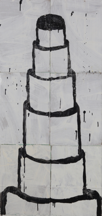 Gary Komarin Cake Stacked: Black on White , 2015 water-based enamel paint on paper stacks 50 x 23 1/2 in.