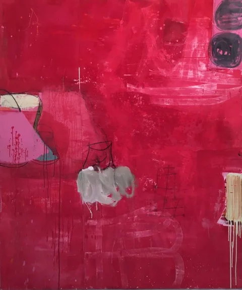 Gary Komarin Rue Madame in Red, Roma oil on canvas 72 X 60 in.