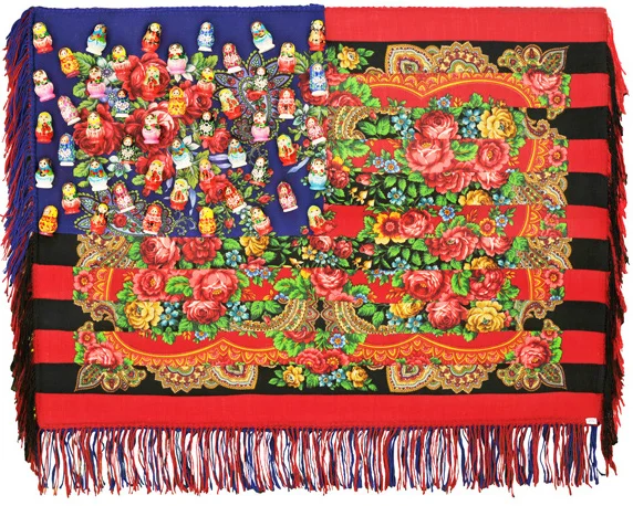 Muriel Stockdale Russian, 2009 printed traditional woolen shawls and Matryoshka dolls 28 x 35 in.