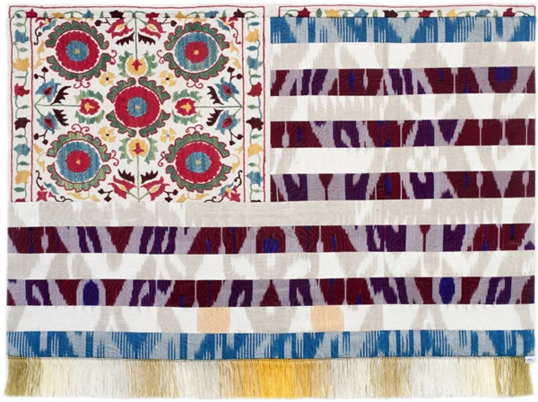Muriel Stockdale Uzbek, 2010 Suzani pillow cover with traditional silk ikat 24 x 35 in.