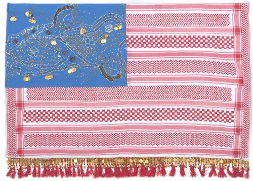 Muriel Stockdale Palestinian, 2004 Palestine Keffiyeh (men's headscarf), Qabbeh (decorative front) section of Thob (dress), Coins honoring the Smadeh (wedding cap), fringe from ladies' headscarf 26 1/2 x 36 in.