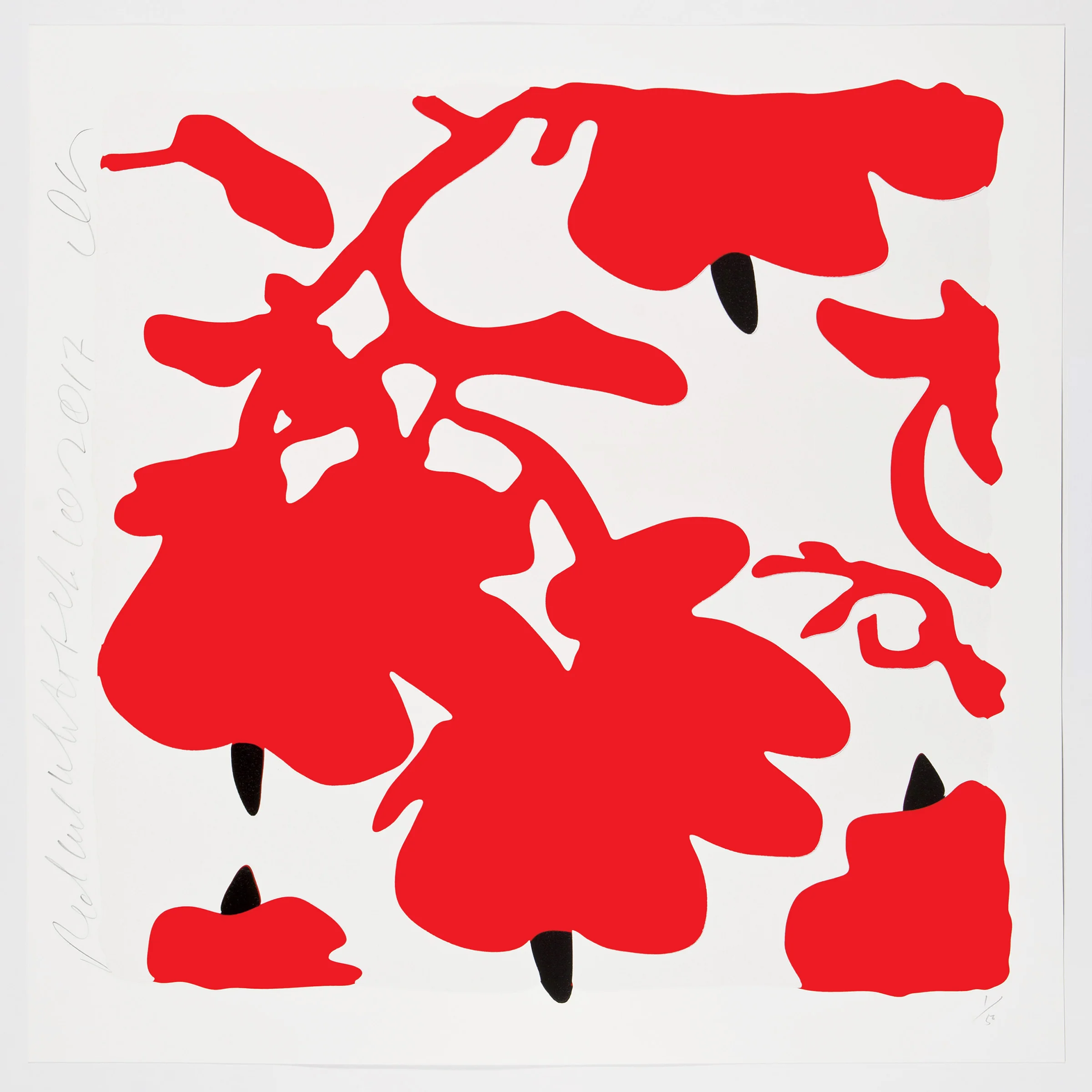 Donald Sultan Red and White, Feb 10, 2017 , 2017 color silkscreen with over-printed flocking Rising, 2-ply museum board. 32 x 32 in. edition of 50