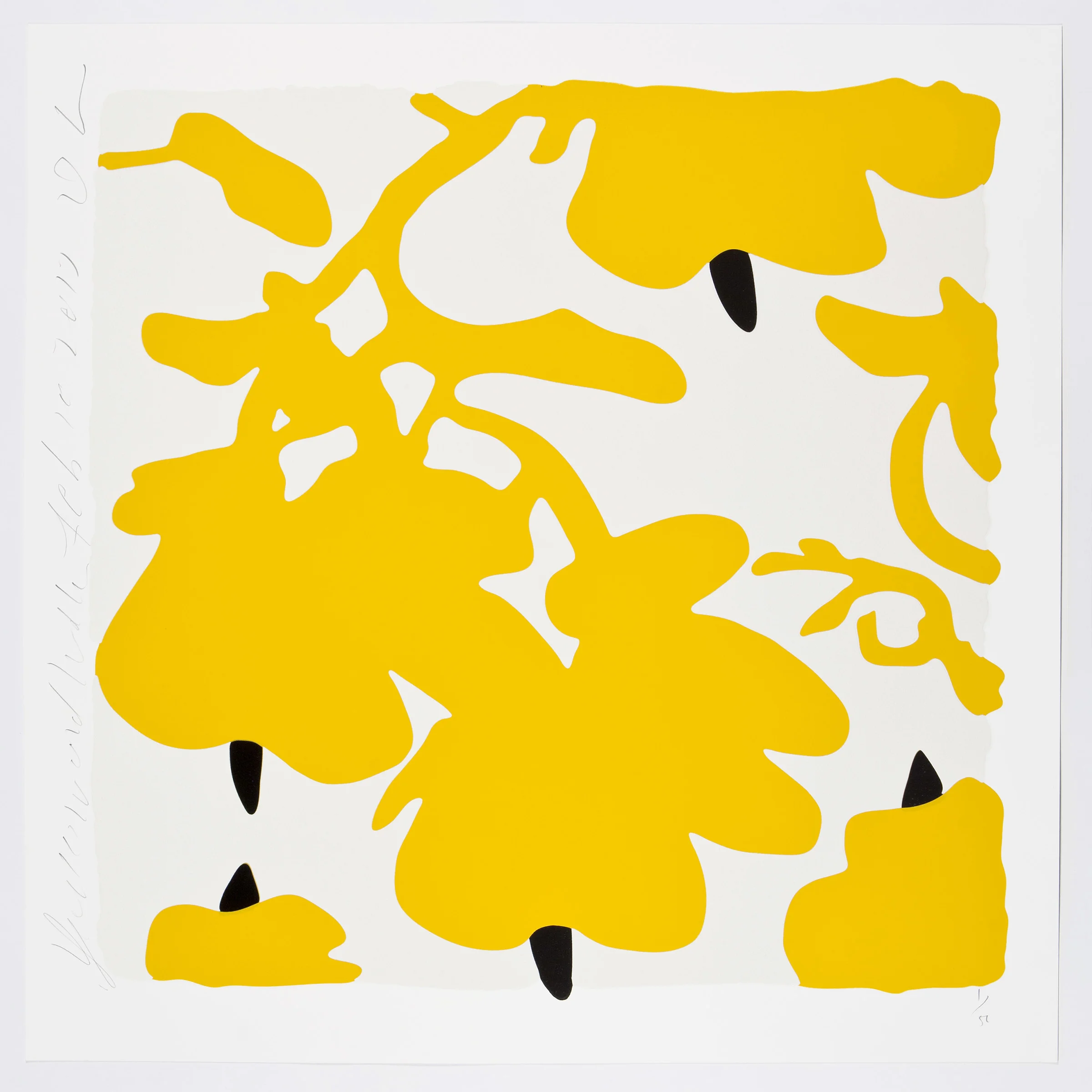 Donald Sultan Yellow and White, Feb 10, 2017 , 2017 color silkscreen with over-printed flocking Rising, 2-ply museum board. 32 x 32 in. edition of 50
