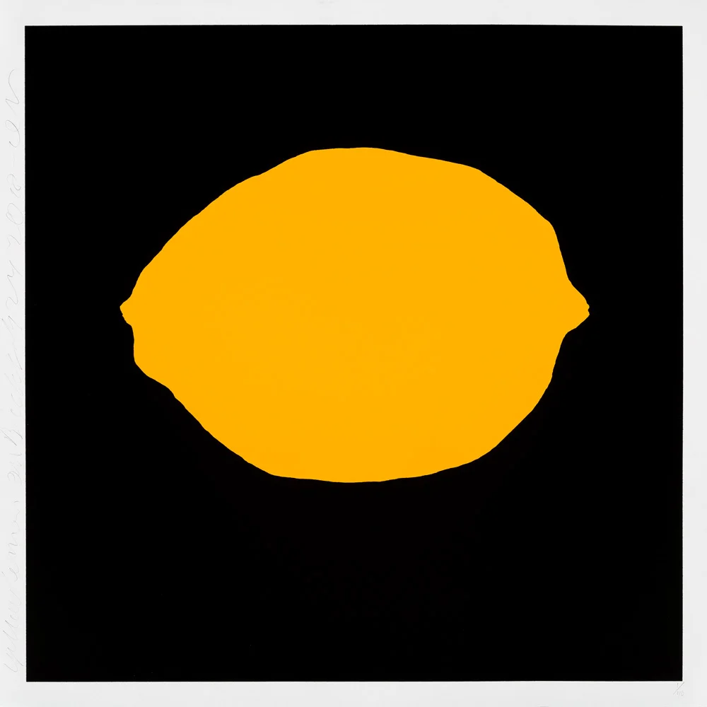 DONALD SULTAN Yellow Lemon on Black, July 24, 2018, 2018 color silkscreen with enamel inks and tar-like texture on 2-ply museum board 39 x 39 in.